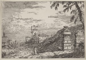 Tájkép toronnyal és két romos oszloppal alkotó: Canaletto