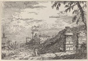 Táj toronnyal és két romos pillérrel, c. 17351746. alkotó: Canaletto