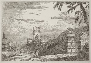 Táj toronnyal és két romos oszloppal [balra] alkotó: Canaletto