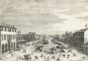 Kilátás a Mestre-re, egy fogadóra a bal oldalon, és a csatornát szegélyező különböző épületekre, a View...-ból, 1735-46. alkotó: Canaletto