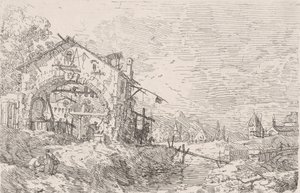 Nő vizet merít egy árkád alatti kútból balra, jobbra tájjal, 1..., 1717-68. alkotó: Canaletto