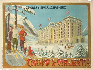 Plakát, amely a "Cachat"s Majestic szállodát és a téli sportokat hirdeti Chamonix-ban, 1910 körül