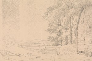 Vázlat egy nádtetős épületről és egy folyóról azon túl alkotó: Capt. Thomas Hastings