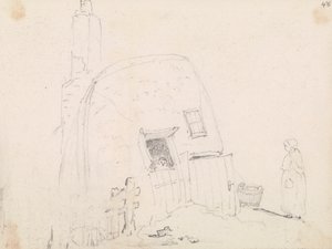 Vázlat egy nőről egy kunyhó közelében alkotó: Capt. Thomas Hastings