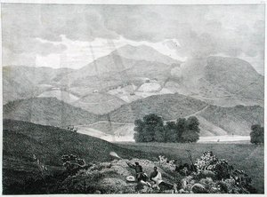 Kilátás a tó egy részére és a nyaralókra Ottacamundban, Neelgherry-hegységben, 3. tábla McCurdy kapitánytól, a View of the Neilgherries vagy Blue Mountains of Coimbetoorból, Dél-India, 1830-ban (li alkotó: Captain E. A. after McCurdy