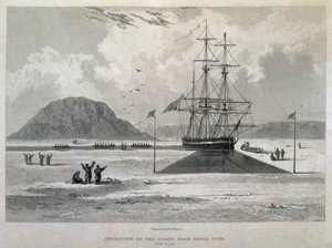 A hajók indulása Hecla Cove-ból, 1827. június 21-én a Journal of a Third Voyage for the Discovery of a North West Passage from the Atlantic the Pacific, 1824-25, H.M.s. alkotó: Captain George Francis Lyon