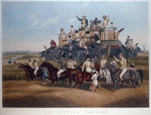 Disznóvadászat: A lelet, vésett és kocsma. Fores urak, 1840 körül (színes metszet) alkotó: Captain John (after) Platt