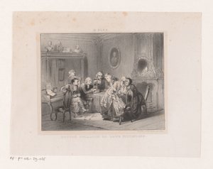 Joseph-Ignace Guillotin egy guillotine miniatűrjét nézi Guillotin doktor és találmánya (cím a tárgyon)