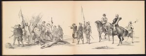 A leideni diákok álarca, 1850 (12. tábla) Frederik Hendrik intogtja a Hertogenbosch-ban 1629-ben: H.H. jelmezes ábrázolása. az 1850-es év Leydsche Hoogeschool den XI Junij diákjai (a sorozat címe a tárgyon) alkotó: Carel Christiaan Antony Last