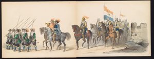 A leideni hallgatók maskarádéja, 1850 (13. tábla) Frederik Hendrik intogtja a Hertogenbosch-ban 1629-ben: a H.H. jelmezes ábrázolása. az 1850-es év Leydsche Hoogeschool den XI Junij diákjai (a sorozat címe a tárgyon) alkotó: Carel Christiaan Antony Last