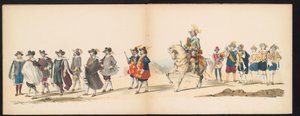 A leideni diákok maskara, 1850 (6. tábla) Frederik Hendrik intogtja a Hertogenboschban 1629-ben: H.H. jelmezes előadása. a Leydsche Hoogeschool den XI. diákjai, 1850. június (a sorozat címe az objektumon) alkotó: Carel Christiaan Antony Last