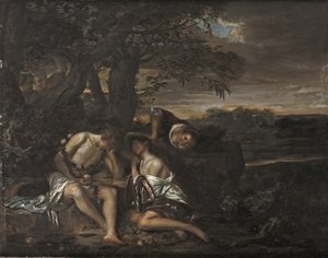 Egy alvó pár, akit három nő fedezett fel egy árkádiai tájon (olaj a panelen) alkotó: Carel De Moor II (attr. to)