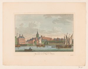 Kilátás a templomra Kelet-Zaandamban Templom Kelet-Zaandamban / Arrivalment de la Barge à Sardam (cím a tárgyon) alkotó: Carel Frederik Bendorp (I)
