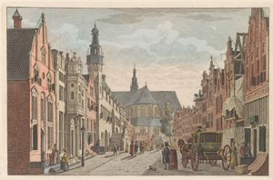 Langestraat Alkmaarban, 1790 körül Langestraat, Városháza és Grote Kerk Alkmaarban / Rue longue - Hotel de Ville - et grande Eglise à Alkmaar (cím a tárgyon)