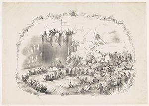 Karikatúra, amely Thorbecke terveit ábrázolja az Utrechti Alkalmazott Tudományok Egyetemének felszámolására, 1863 Két erős elem csata (cím a tárgyon) alkotó: Carel Hendrik Thiebout