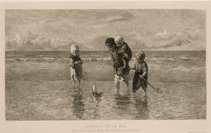 Négy gyerek játszik egy játékhajóval a tengerparton, sekély tengervízben A tenger gyermekei Enfants de la mer (cím a tárgyon) alkotó: Carel Lodewijk Dake