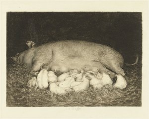 Kocák istállóban fekvő malacokkal alkotó: Carel Lodewijk Dake