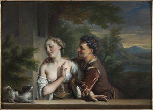 Carel (Charles) de Moor (1656-1738) egy férfi, aki megpróbál megölelni egy nőt. Olajfestmény. Mérete: 33,5x47 cm. Nemzeti Múzeum Stockholm