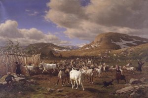 A rénszarvascsordát a fejőhelyekre hajtják. A motívum a magas hegyekről Rørostól északra alkotó: Carl Bøgh
