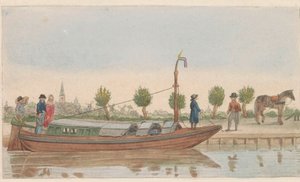 Vontató bárka, 1824 Een hollandsche trek vagy Jaagschuit / Une barque de tracte, servante au transport de voyageurs et marchandises en hollande (cím a tárgyon) alkotó: Carl Cristiaan Fuchs