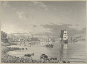 Szállítás az Oresundon Helsingor és Kronborg kastély mellett a távolban alkotó: Carl Emil Baagoe