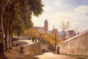 Kilátás a Viale Trinità dei Montira a Villa Medici szökőkútjával, a római Via di San Sebastianello felől nézve