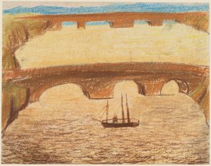 Lange Steinbrücken über Fluss mit einem Schiff alkotó: Carl Fredrik Hill