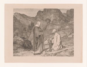 Két szerzetes egy metszett fa közelében egy hegyi tájon alkotó: Carl Friedrich Lessing