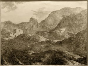 Hegyi táj, bal oldalon egy ház, előtte egy túrázó alkotó: Carl Friedrich von Rumohr