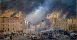 Csata a Sternbarrikade-nál Jagerzeile-ben 1848. október 28-án, forradalom Bécsben, tűz a városban, Carl Goebel (1824-1899) festménye, Ausztria