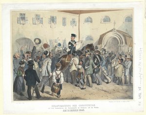 Az alkotmány kihirdetése a nemzetőrség gyülekezőhelyén, a Wieden-i Freihausban (Szabad Ház) 1848. március 15-én (színes litográfia)