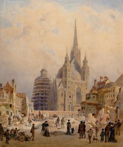 A Szent István-székesegyház látképe a tűzoltóság bontása alatt alkotó: Carl Goebel der Jüngere