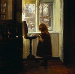 Varróasztal mellett álló lány (olaj, vászon) alkotó: Carl Holsoe