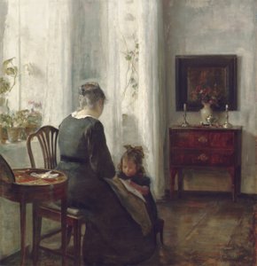 Anya és gyermeke egy belső térben (olaj, vászon) alkotó: Carl Holsoe