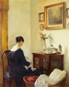 Egy anya és egy gyermek egy belső térben (olaj, vászon) alkotó: Carl Holsoe