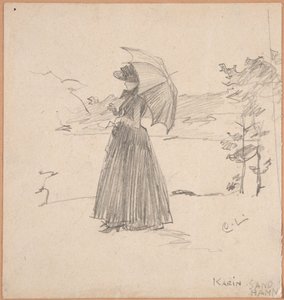 Nő napernyővel alkotó: Carl Larsson