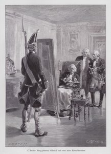 I. Frigyes Vilmos porosz király gránátost fest Potsdamer Riesengarde (Potsdami Óriás Gárda) című művéből (metszet) alkotó: Carl Ludwig Friedrich (after) Becker