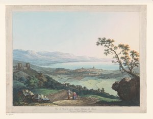 Gezicht op Genf Genf látképe a Savoie-i Saconexből (cím a tárgyon) alkotó: Carl Ludwig Hackert