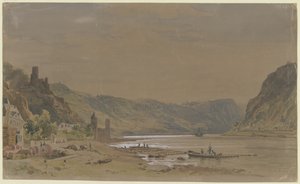 Kilátás Sankt Goarshausenre és a Maus-kastélyra, a háttérben a Loreley-szikla