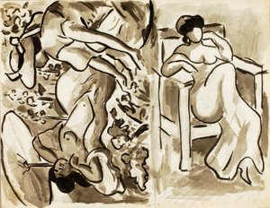 Két nő a kertben, egy ülő nő alkotó: Carl Newman