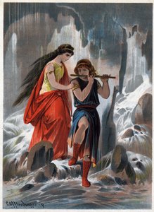 Tamino herceg és Pamina hercegnő félelem nélkül átkeltek a víztörzseken, és a herceg tovább fuvolázott. Illusztráció: Carl Offterdinger (1829-1889) „Az elvarázsolt fuvola” c. (Die Zauberflote, flauto magico, A varázsfuvola) Pri