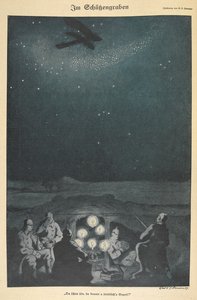 „A lövészárokban”. Német katonák, felettük repülő az éjszakai égbolton (metszet) alkotó: Carl Olof Petersen