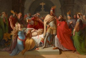Kriemhild Siegfried holttesténél Hagent gyilkosának nyilvánítja, és bosszút esküszik, 1835.