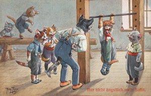 Humoros macskás képeslap (színes litográfia) alkotó: Carl Robert Arthur Thiele