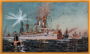 Auguszta császárnő elhagyja New Yorkot, C. Saltzmann 95-ös kromolitográfiája, nr13, G. Wislicenus, Unsre Kriegsflotte című művéből. alkotó: Carl Saltzmann