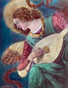 Angyal zenész. Az olasz reneszánsz festő, Melozzo da Forli, más néven Michelozzo degli Ambrogi (1438 - 1494) freskófestményének egy része, amelyet körülbelül 1480-ban festett.... A kép dátuma: 1900 körül. Carl Simon Archívum