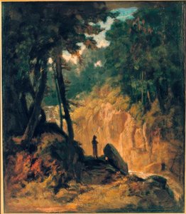 Erdős táj vízeséssel, a Kapuzinerm partján alkotó: Carl Spitzweg