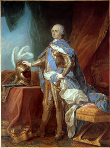 XV. Lajos (1710-1774) lábán álló portré, páncélban, sisakra helyezett kéz. Carle Van Loo (1705-1765) festménye, olaj, vászon (271 x 193 cm) alkotó: Carle van Loo