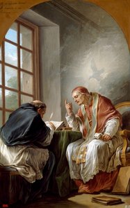 "Szent Gergely, I. Nagy Gergely néven ismert (540-604) pápa és egyházdoktor, amint homíliáit diktálja. A Szentlélek ihlette, amelyet egy galamb szimbolizál. Carle Van Loo (1705-1765) festménye 1764 Méret: 101x75,2 cm Magántulajdon. alkotó: Carle van Loo