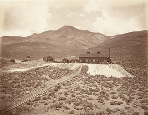 A Sutro-alagút épületei, 1875, nyomtatott kb. 1876. alkotó: Carleton Emmons Watkins